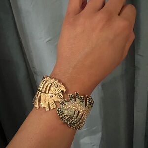 White House Black Market Gold and Green Leaf Cuff Statement Bracelet